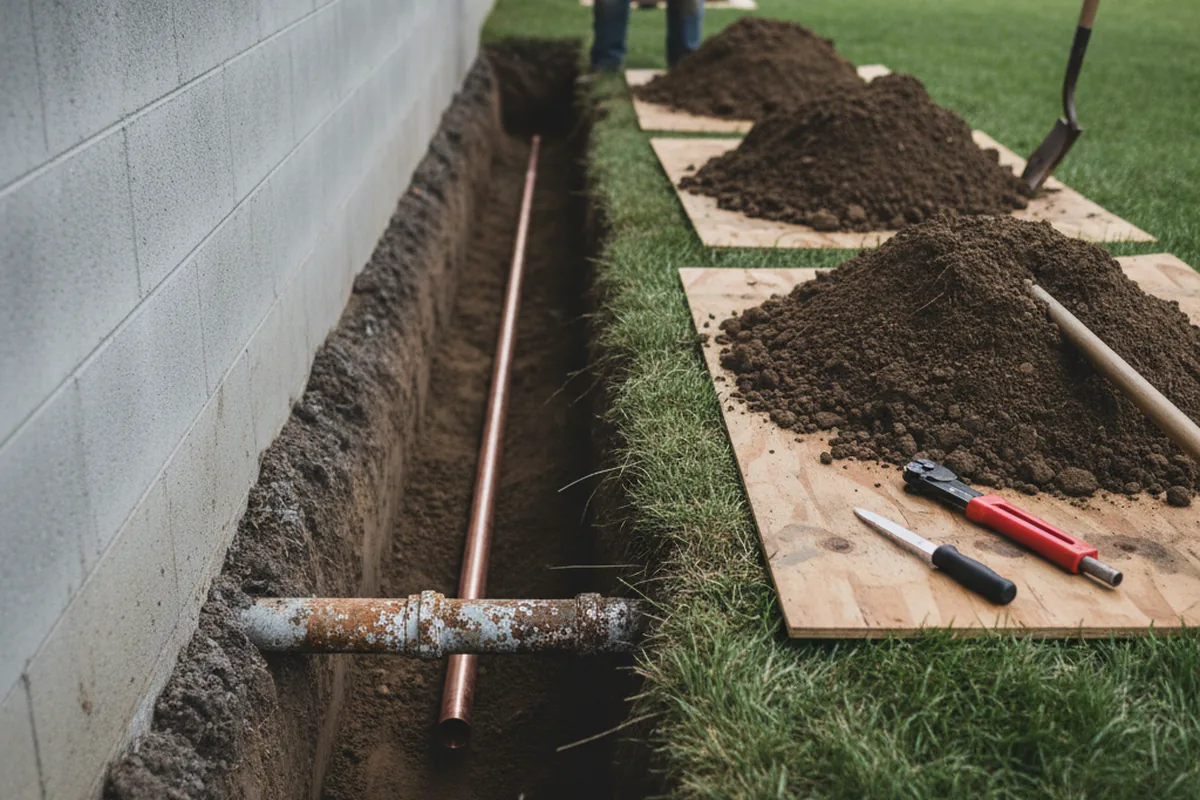 Excavated water line trench during Water Softener Installation in Sedalia